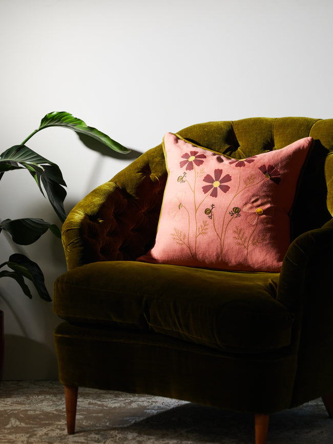 Rosemary Milner - Floral Hand-Embroidered Cotton Cushion -  - ABASK